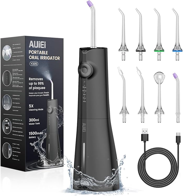 AUIEI Portable Water Flosser Dental Jet Water Flosser Oral Irrigator 5 Modes and 8 Nozzles 300ml Tank USB Charged IPX7 Waterproof Sensitive Gum (Black)
