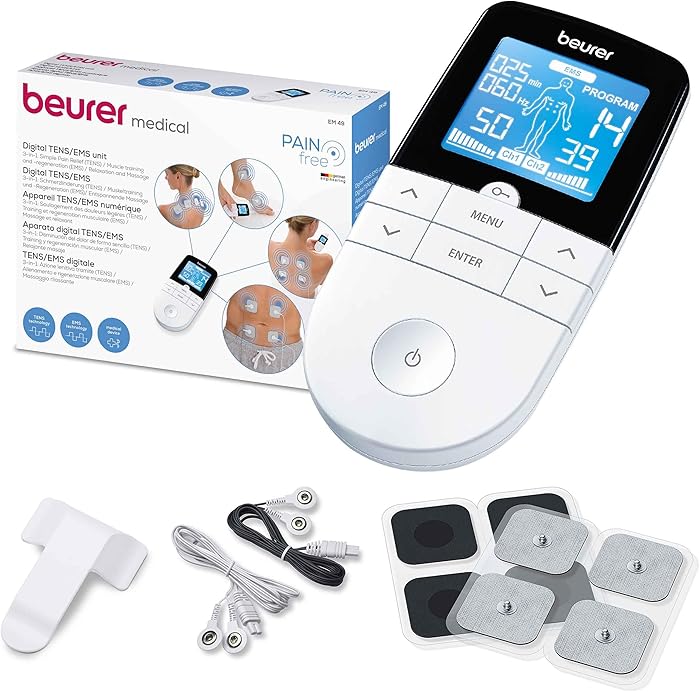 Beurer EM49 Électrostimulateur musculaire 3 en 1 :TENS/EMS/Massage, thérapie anti-douleur TENS, stimulation électrique des muscles EMS, 4électrodes, Noir réutilisables incluses, facile à emporter