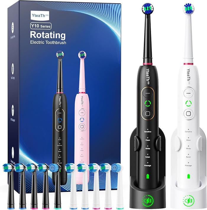Brosse À Dent Électrique Rotatives Adulte, Lot De 2, 10 Têtes, Noir & Blanc
