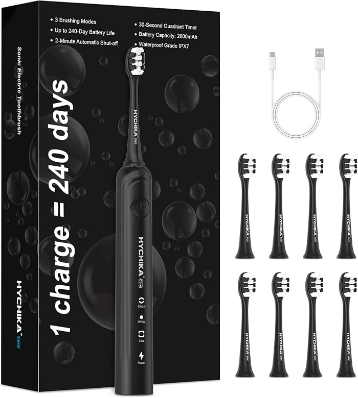 Brosse à dents électrique pour Adultes,8 Têtes de Rechange,Batterie Rechargeable,3 Modes,Minuterie de 2,étanche IPX7,Cadeau pour la Famille,Noir