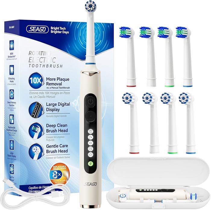 Seago Brosse à dents électrique rotative rechargeable, brosse à dent électrique avec étui voyage, 8 têtes pour familial, 5 modes, minuterie 2 min, étanche IPX7, SG2607, Beige