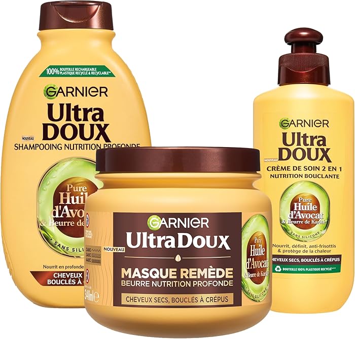 Garnier Ultra Doux Routine for Reviving Curls of Dry, Curly to Kinky Hair With Avocado Oil and Shea Butter - Shampoo, Conditioner and Mask
