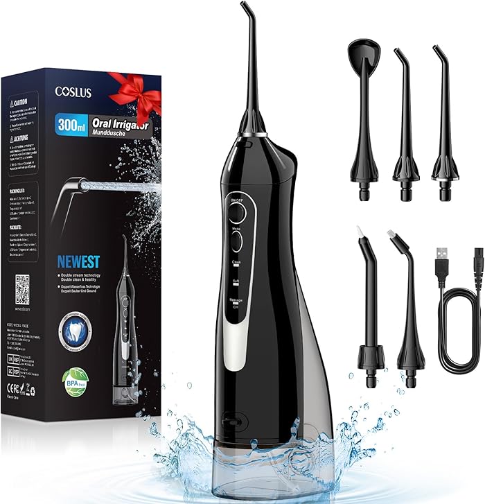 COSLUS Dental Jet Portable Water Flosser 300ML Wireless Dental Irrigator Rechargeable Dental Flosser Dual Flow Water Oral Flosser Waterproof IPX7