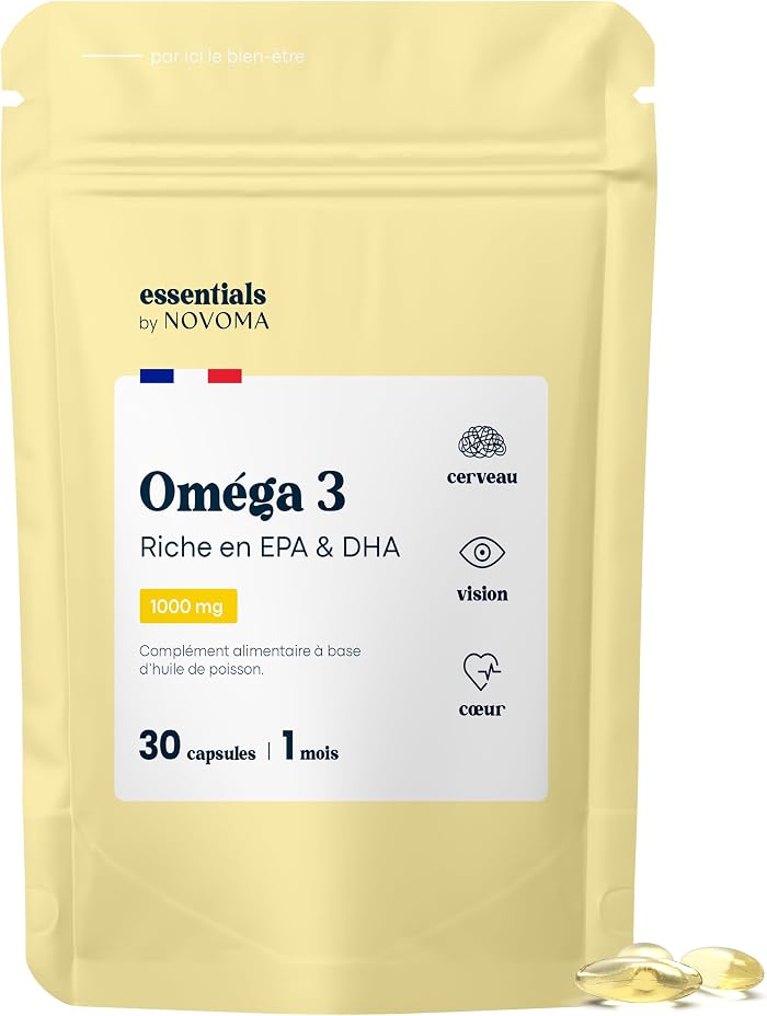 Omega 3 EPA DHA 1000 mg - Sans Odeur, 30 Capsules - 1 Mois | Fonctions Cardiaque, Cérébrale et Visuelle - Huile Poisson Sauvage - Indice TOTOX Inférieur à 10 - Essentials by Novoma