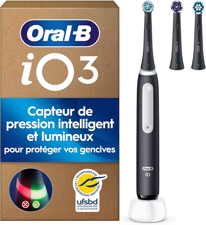 Oral-B iO 3 Electric Toothbrush, 3 Replacement Brushes, Black - 3 Silent Brushing Modes Including Softness and Whiteness, Gum Pressure Sensor, Rechargeable Battery