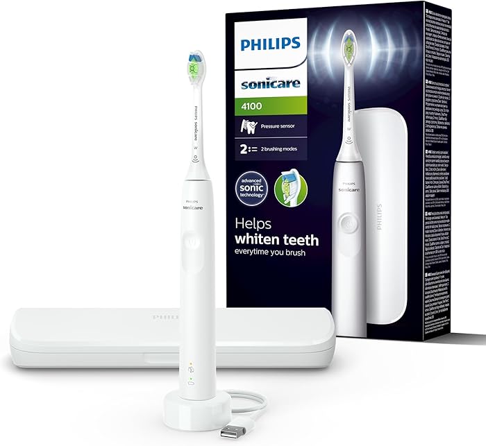Philips Sonicare 4100 HX3683/33 : test, avis et fiche complète d’une brosse à dents électrique sonique avec capteur de pression, coffret de voyage et chargeur USB.