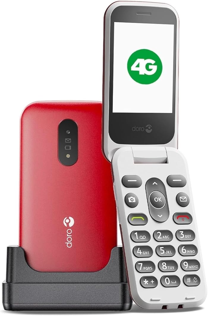 Doro 2820 4G Téléphone Portable à Clapet Débloqué pour Seniors Rouge/Blanc