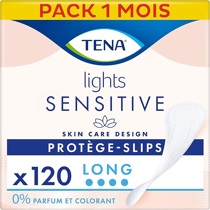 TENA Lights Protège-slips Longs Incontinence Femme - Pour Peaux Sensibles - Protections Absorbantes pour Fuites Urinaires Légères - 120 Protège-slips (Pack 1 mois)