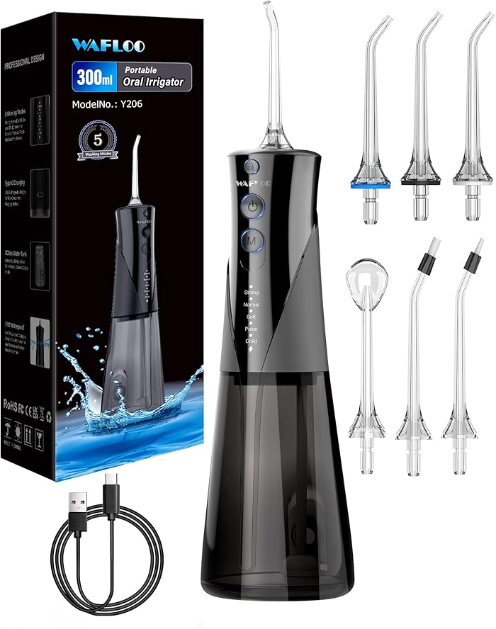 Water Flosser 5 Modes 6 Tips Refillable Portable 300 ml Tank Electric Flosser IPX7 Waterproof Teeth Cleaning Ideal for Home and Travel Black